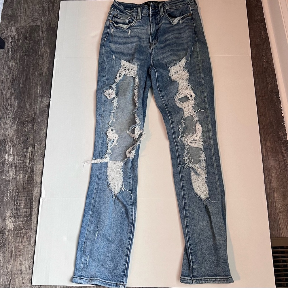 Judy Blue Distressed Straight Leg Jeans - Light Blue